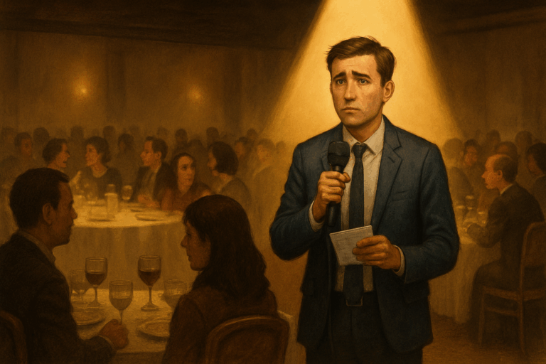 Anxious speaker holding a microphone under a spotlight in a busy banquet hall while diners chat at tables.